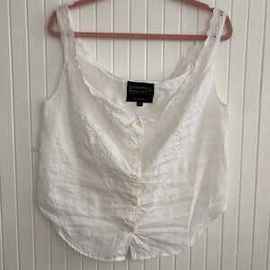1980s 100% Linen White Embroidered Camisole Tank Top